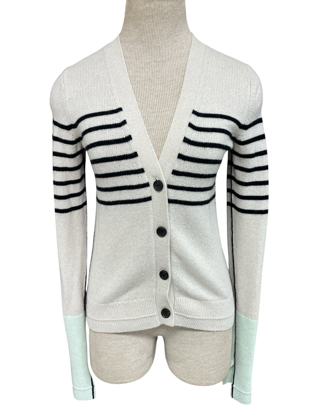 MARIA MCMANUS Featherweight Slim Stripe Cashmere Cardigan Sweater Cream Black XS
